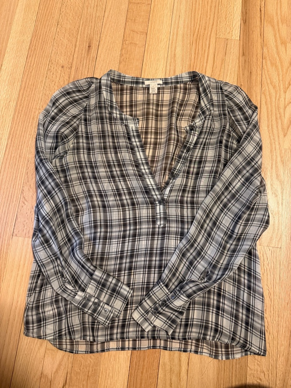 100% Silk Long-Sleeve Henley Blouse - Gray Plaid